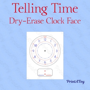 Könnte beinhalten: Ein weißes, trocken abwischbares Zifferblatt mit roten und blauen Markierungen, mit dem Text "Telling Time Dry-Erase Clock Face". Das Zifferblatt hat Zahlen und Minutenmarkierungen.