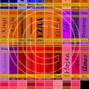 Printable Bible Book Spines – 66 Books with Author, Title & Category | Law, Prophecy, Gospel, Epistles -- By PrintAToy