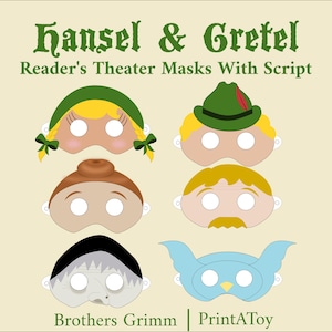 Può includere: Maschere teatrali per lettori con copione che raffigurano i personaggi della storia di Hansel e Gretel. Le maschere includono personaggi con capelli biondi, cappelli verdi e una maschera di gufo blu. Il testo "Hansel & Gretel" è in alto.