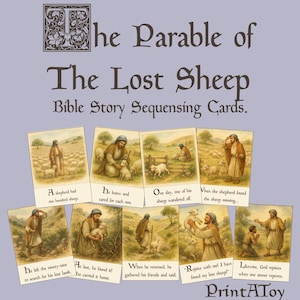 May include: A set of Bible Story Sequencing Cards titled "The Parable of The Lost Sheep." The cards depict illustrations of a shepherd and sheep, with text describing the story's events. The cards are arranged on a light purple background.