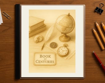 May include: An artistic illustration of historical items, including a globe, books, a pocket watch, and a quill pen. The image is framed and features the text "Book of Centuries". Pencils, a pen, and a paper clip are on the wooden surface.