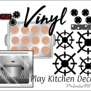 VINYL- PrintAToy Stove Dramatic Play Kitchen Decals Oven, Chocolate Chip Cookie Sheet, Gas Burners. Toy Stovetop Hot Element Sticker Accents