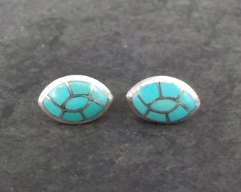 Turquoise Inlay Earrings Vintage Southwestern Sterling Studs