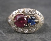 Antica misura di 14k rosa blu zaffiro diamante anello 4,25