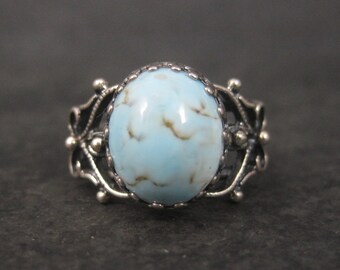 Vintage Adjustable Sterling Blue Art Glass Ring Size 5.5