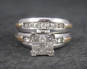 Vintage 14K .87 Carat diamante fidanzamento matrimonio anello da sposa set taglia 6