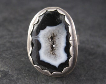 Vintage Black Druzy Geode Ring Sterling Size 9