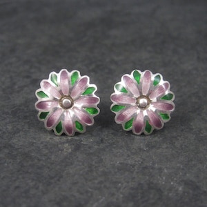 Vintage Purple Enamel Flower Earrings 980 Sterling