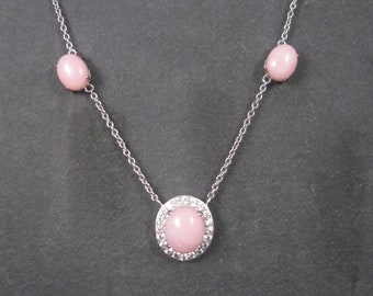 Vintage Sterling Pink Opal Cz Halo Necklace 24 Inches