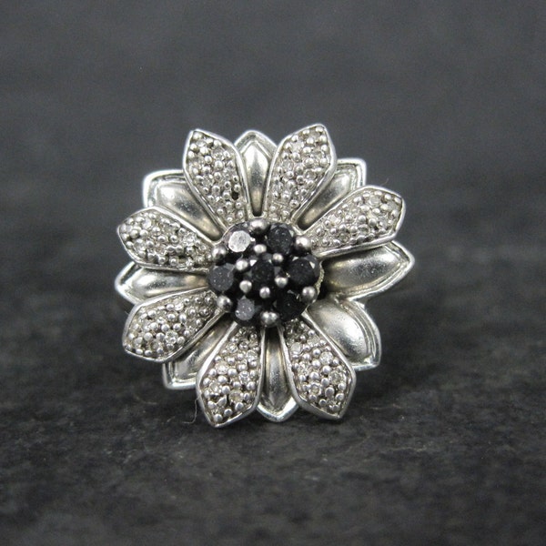 Black & White Diamond Flower Ring Size 7 Estate Sterling