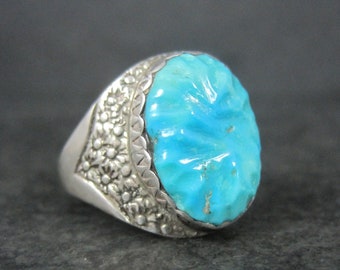 Vintage Southwestern Sterling Carved Turquoise Ring Size 12