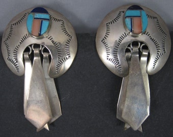 Large Sterling Navajo Turquoise Inlay Earrings