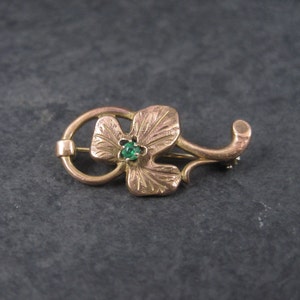 Estate Rose Gold Filled Green Rhinestone Leaf Brooch image 1