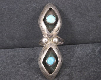 Long Vintage Turquoise Shadowbox Ring Dead Pawn Size 5