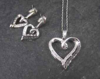 Vintage 90s Sterling Black and White Diamond Heart Pendant Necklace and Earrings Jewelry Set