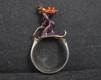 Vintage Sterling Enamel Witch Ring Size 7.5