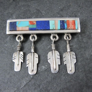 Southwestern Sterling Inlay Feather Brooch Signed