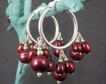 Vintage Sterling Red Pearl Hoop Earrings