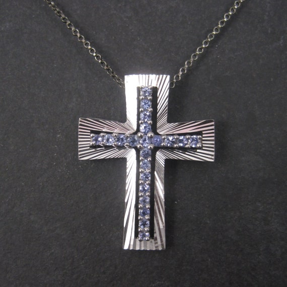 Sterling Silver Cross Pendant with Purple Crystal… - image 1