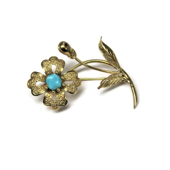 Vintage 14K Turquoise Flower Brooch - image 3