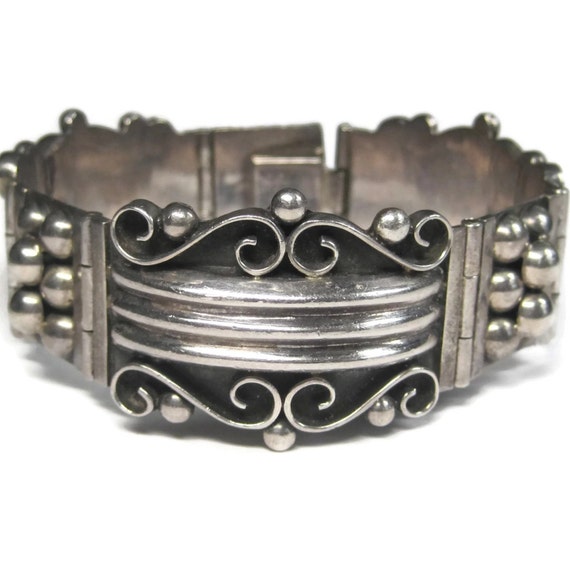 Wide Ornate Vintage Panel Bracelet Mexican Sterli… - image 2