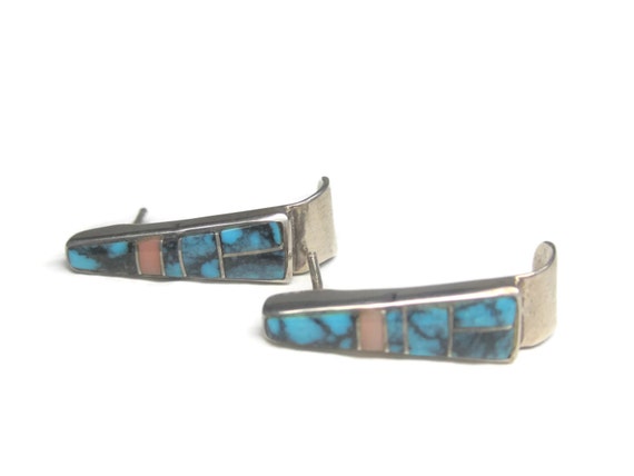 Zuni Turquoise Inlay Earrings Sterling - image 2