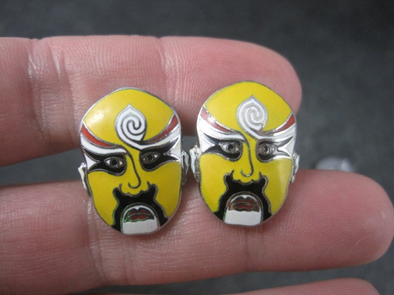 Vintage Enamel Kabuki Cufflinks and Tie Tack Set - image 8