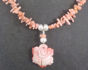 Vintage Coral Pearl Rose Necklace 17 Inches