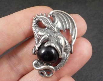 Vintage Sterling Silver Black Onyx Dragon Pendant