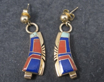Vintage 14K Navajo Lapis Coral Inlay Earrings