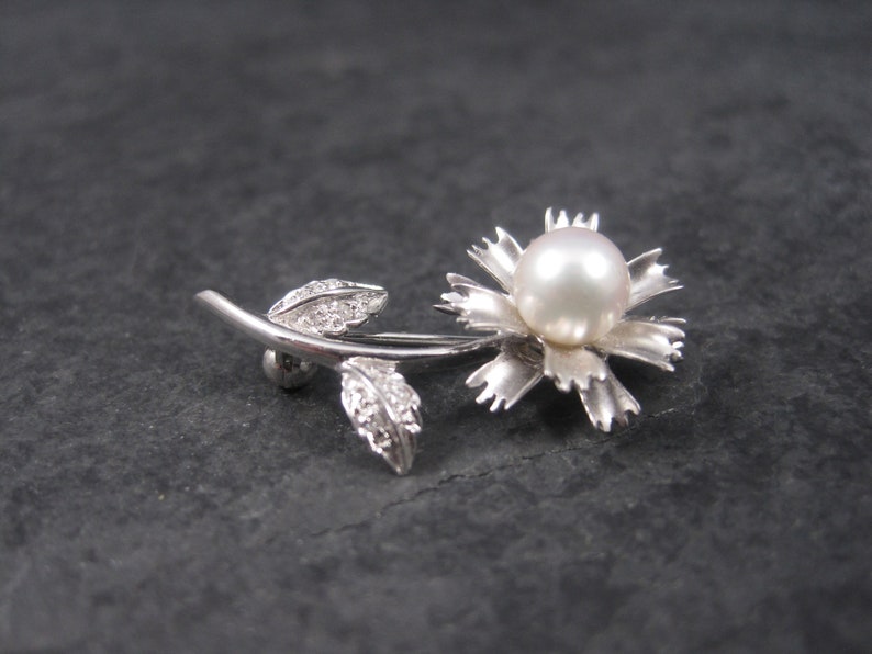 Vintage 14K Pearl Diamond Flower Brooch