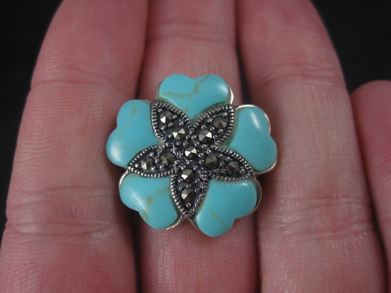 Vintage 90s Faux Turquoise Marcasite Flower Ring Sterling Size 7