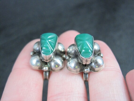 Vintage Mexican Silver Green Onyx Mask Earrings S… - image 2