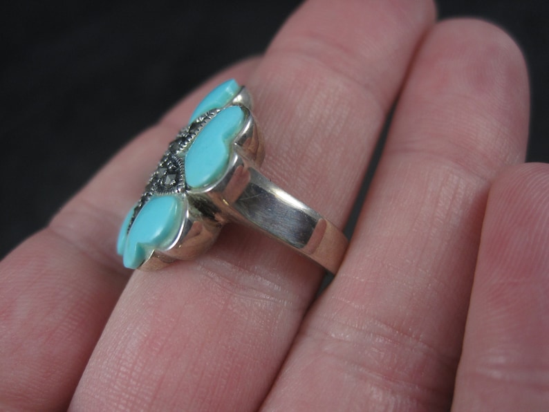 Vintage 90s Faux Turquoise Marcasite Flower Ring Sterling Size 7
