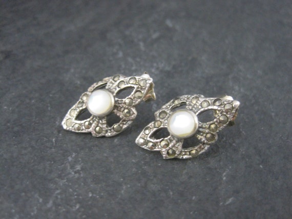 Vintage Sterling Mother of Pearl Marcasite Earrin… - image 3
