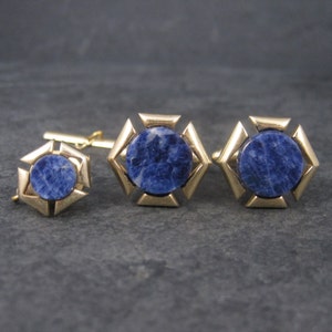 Vintage Sodalite Cufflinks and Tie Tack Set | Men's Blue Stone Jewelry Gift | Mid Century Formal Accessories