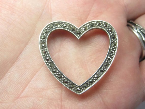 Large Vintage Sterling Marcasite Heart Pendant - image 10