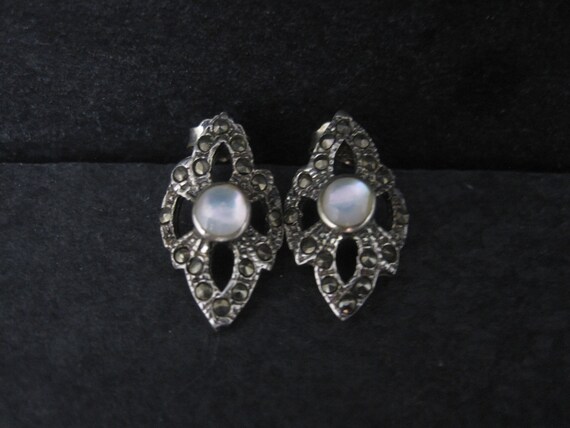 Vintage Sterling Mother of Pearl Marcasite Earrin… - image 7