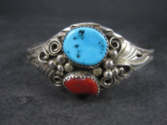 Vintage Navajo Turquoise Coral Cuff Bracelet 6.5 … - image 2