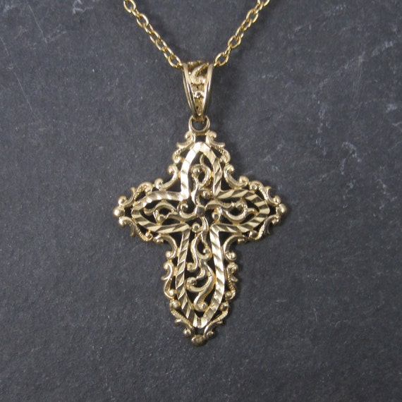 Vintage 10K Diamond Cut Filigree Cross Pendant - image 1