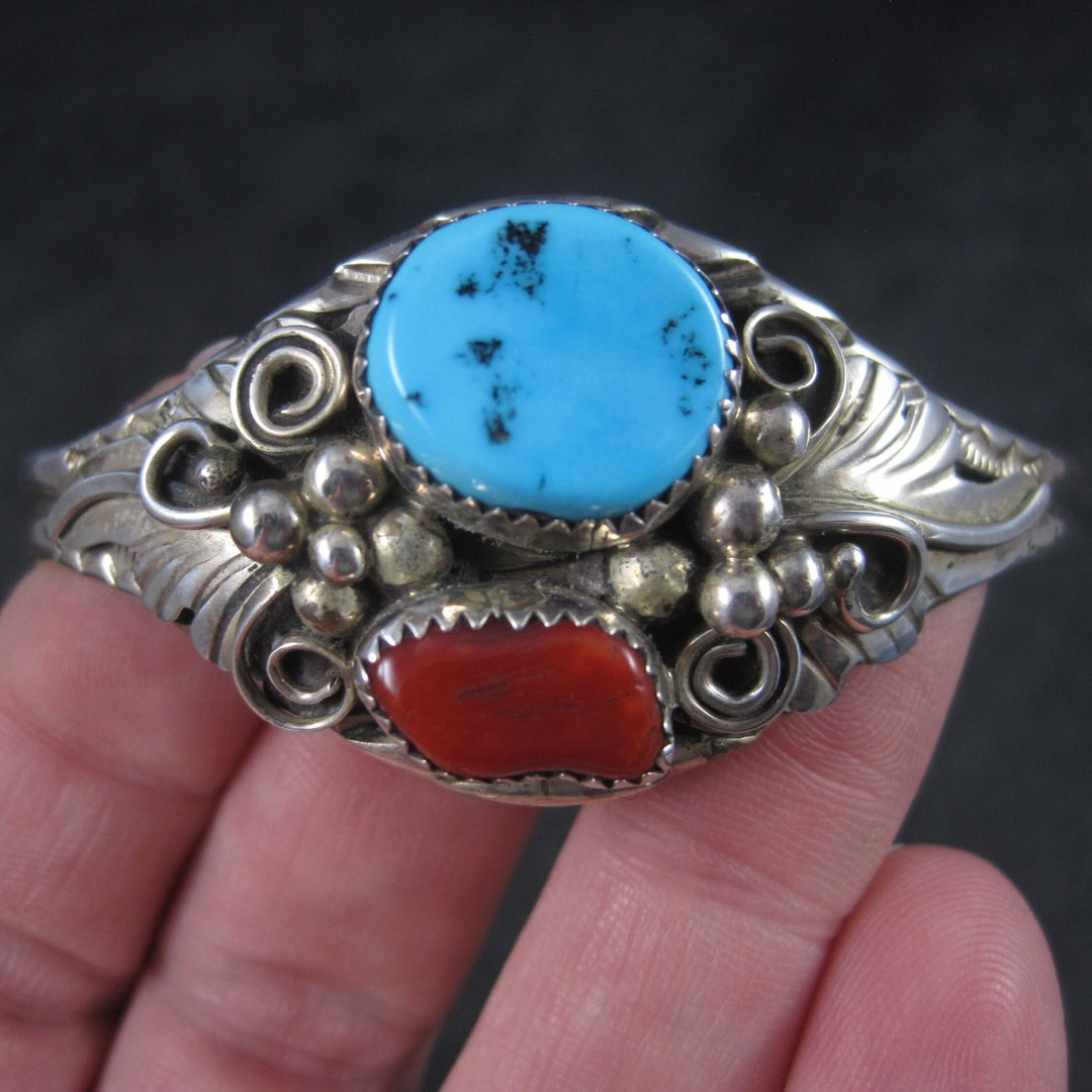 Vintage Navajo Turquoise Coral Cuff Bracelet 6.5 Inches Augustine Largo ...