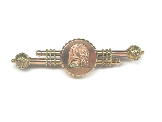 Antique 10K Peacock Bar Brooch - image 3