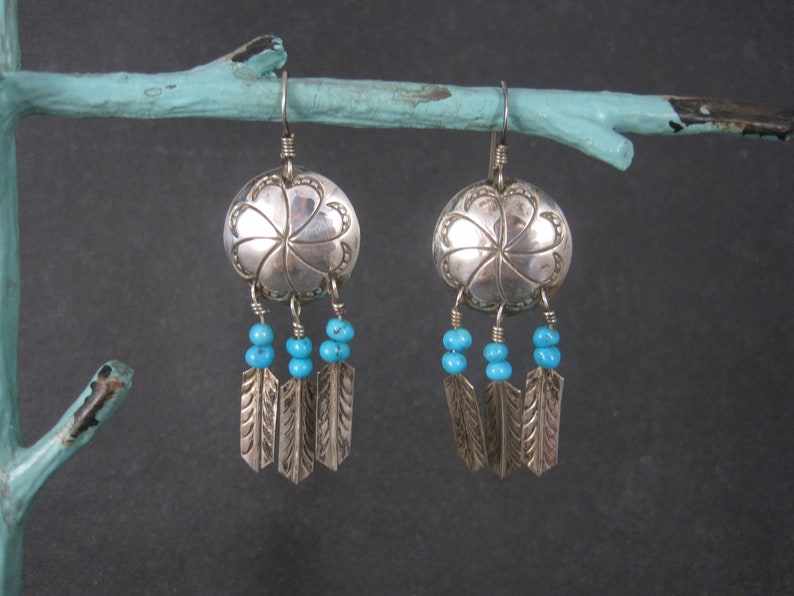 Estate Southwestern Sterling Concho Feather Earrings image 4