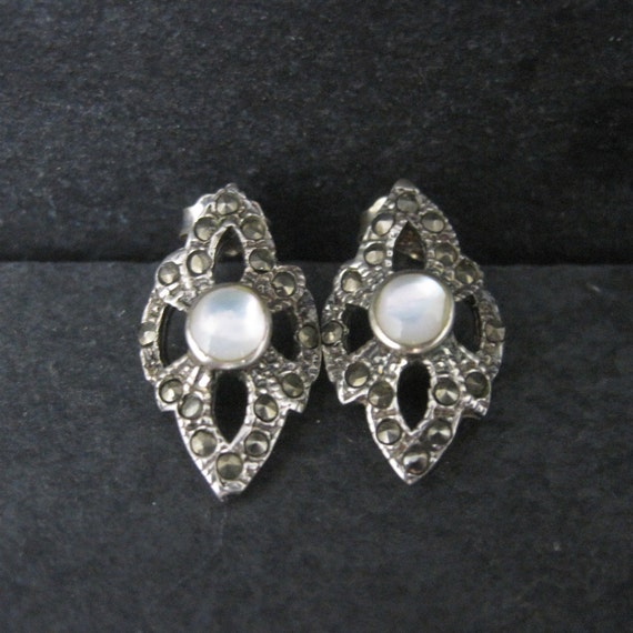 Vintage Sterling Mother of Pearl Marcasite Earrin… - image 1
