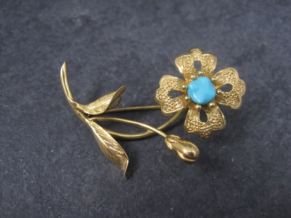 Vintage 14K Turquoise Flower Brooch - image 2