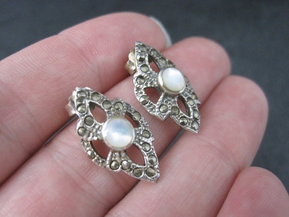 Vintage Sterling Mother of Pearl Marcasite Earrin… - image 6