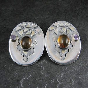 Large Vintage Sterling Amber Amethyst Earrings by Michou