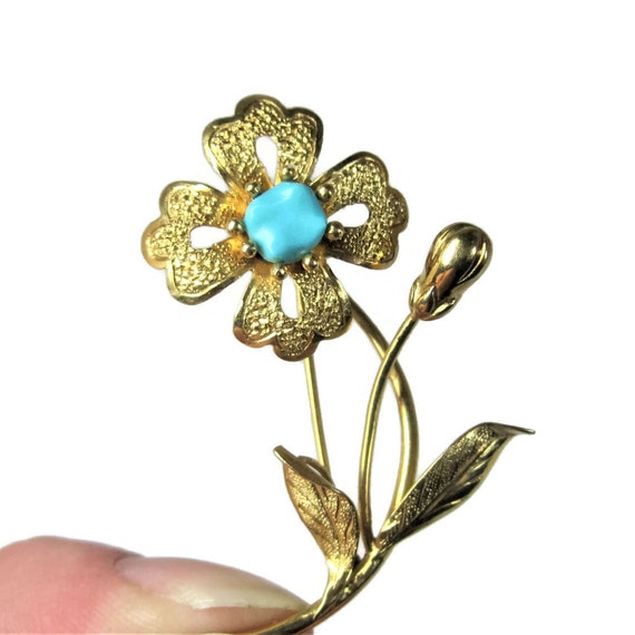 Vintage 14K Turquoise Flower Brooch - image 7