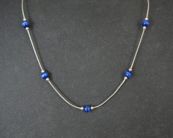 1990s Sterling Silver Blue Cats Eye Bead Necklace 16"
