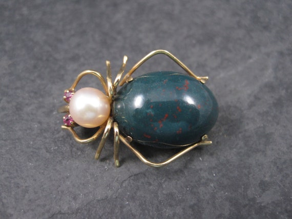 Vintage 14K Bloodstone Pearl Spider Brooch